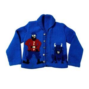 VTG Child’s Hand-Knit Cardigan Paul Bunyan & Babe Blue Intarsia Knit Folk Art